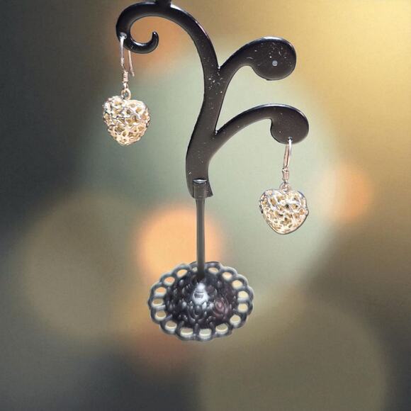 Vintage 925 silver filigree puff heart drop earrings - Picture 6 of 6